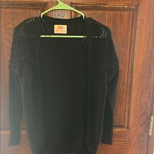 Justice Black Open-Front Crochet Yoke Cardigan